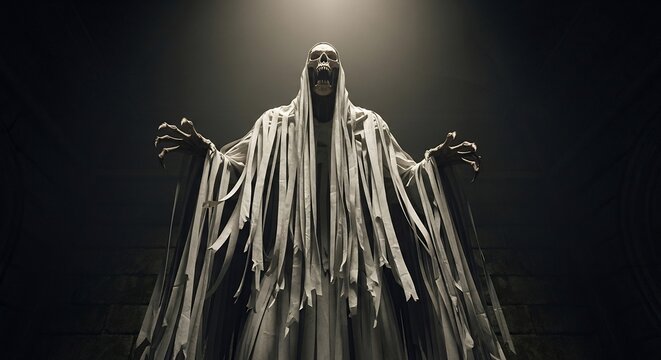 Haunting Dementor-like figure shrouded in white, evoking fear. Perfect for Halloween, horror themes, supernatural, or gothic designs. Mysterious, ethereal, and chilling.