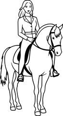 Black and white line art of a beautiful woman with perfect body riding horse elegant minimalist illustration