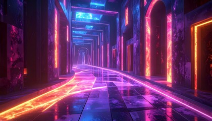 Futuristic Neon Lit Corridor with Glowing Lines and Abstract Architecture.