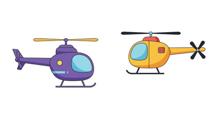 Two cartoon helicopters one purple one yellow side by side on a white surface isolated on white background © GDMala02
