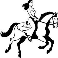 Black and white line art of a beautiful woman with perfect body riding horse elegant minimalist illustration