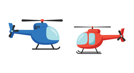Two colorful cartoon helicopters blue and red side by side for transportation or aviation concepts isolated on white background