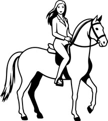 Black and white line art of a beautiful woman with perfect body riding horse elegant minimalist illustration