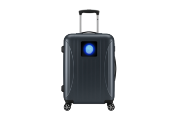 Dark Gray Suitcase with a Blue Fingerprint Scanner on a Black Background luggage travel isolated on a transparent background