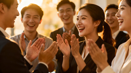 Excited group of Asian business professionals celebrating success with a round of applause in warm golden light