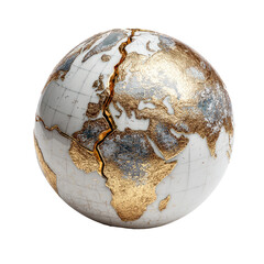 A cracked globe, gold-accented, showing continents.  A deep fissure bisects the Earth, highlighting a fractured world map