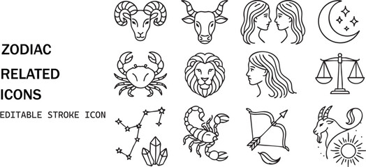 Collection of zodiac signs icons representing astrology and celestial symbols isolated on white background