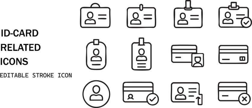 Id card related line icons set for digital use personnel identification access control cards isolated on white background