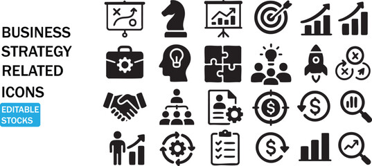 Collection of business strategy related icons representing growth planning and success concepts isolated on white background