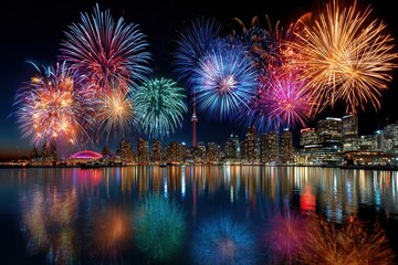 Obraz premium Fireworks over a City Skyline at Night