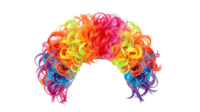 Vibrant curly rainbow clown wig isolated on the transparent background for costume parties and festive celebrations