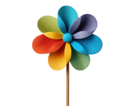 Colorful pinwheel rainbow paper flower craft element cheerful decoration vibrant petals playful design wooden stick isolated creative joyful - Powered by Adobe