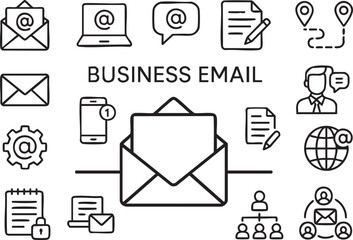 Business email communication icons set featuring envelopes laptops and messaging concepts isolated on white background
