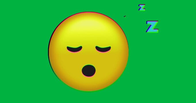 Sleeping emoji floating on transparent void, glitching edges with cyan green Zs for digital design