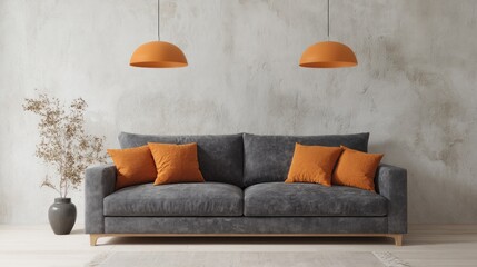 Sophisticated Living Room Interior with Gray Sofa and Orange Pendant Lights