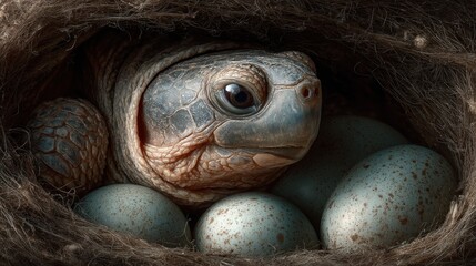 Gentle Guardian: A Turtle Watching Over Its Eggs in the Cozy Nest