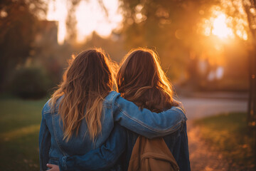 Golden Hour Embrace Two Young Women Walking Arm-in-Arm, Backs to Camera, Illuminated by Warm Sunset Light