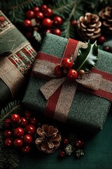 Beautifully wrapped Christmas gifts among pinecones and festive berries