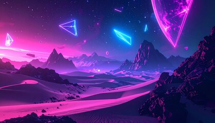 Futuristic Alien Landscape with Neon Geometric Shapes and Vibrant Purple Hues.