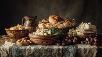 Rustic spread of food featuring bread, cheese, and grapes arranged artfully