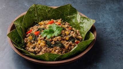 Exotic minced meat salad presented in fresh, vibrant banana leaves