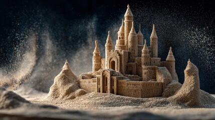 Elaborate Sandcastle with Intricate Towers under a magical spell background