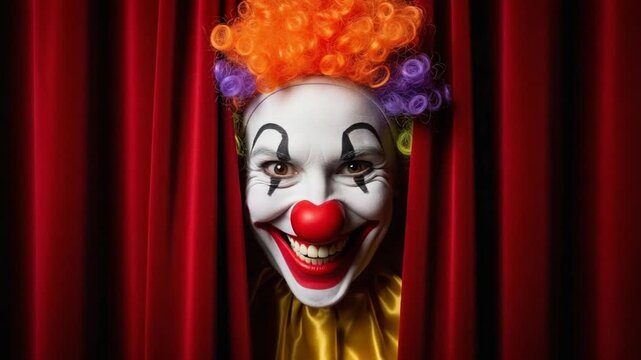 Creepy clown peering through red curtains with a sinister smile.
