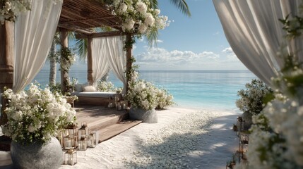 Idyllic beach wedding scene with white flowers and tranquil turquoise sea