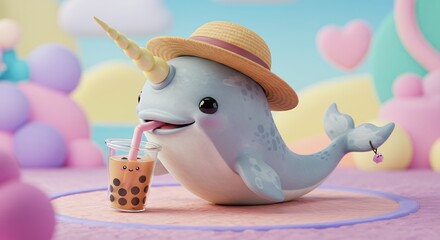 Cute narwhal drinking bubble tea