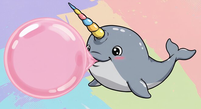 Cute narwhal blowing bubble - Powered by Adobe