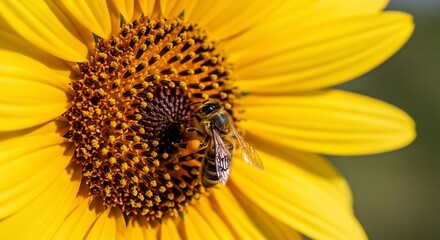 Honeybee pollinating a vibrant yellow sunflower on a summer day