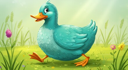 Obraz premium Cute teal duck in grassy meadow