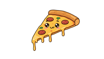 Cartoon illustration of a single slice of cheese pizza with toppings, smiling face, isolated on transparent background for fast food, snack, and restaurant branding designs