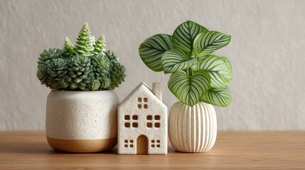 A charming arrangement featuring miniature ceramic house, succulent and calathea plant