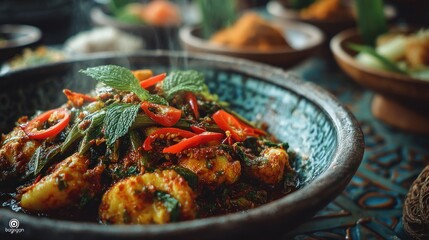 Exotic Asian Cuisine: Steaming dish with vibrant spices and fresh herbs