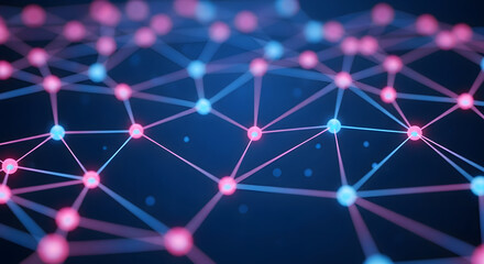 Network visualization with interconnected pink and blue nodes and lines on a dark background with a futuristic and technological mood.