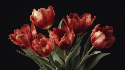 Dramatic floral arrangement of red and cream variegated tulips on dark background