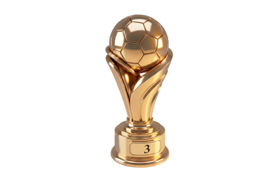 A realistic 3D rendering of a shiny bronze trophy featuring a football, representing a third place win. Ideal for sports graphics, game design, and championship festivities.