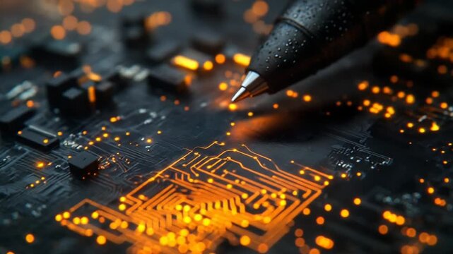 Close-up of a pen tracing circuit patterns on a board