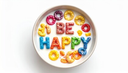 Be Happy Alphabet Cereal in Milk on White Background