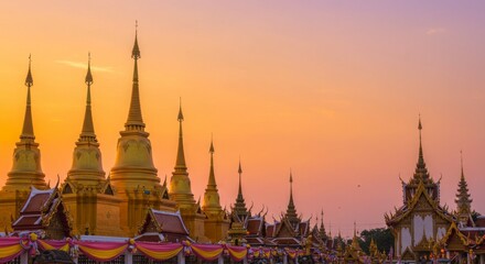 Fototapeta premium Thai Buddhist temple festival banner background, golden stupas on glowing gradient