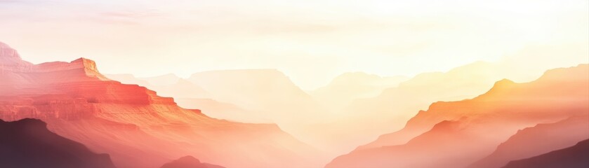 A serene landscape showcasing soft, layered mountains at sunrise, ideal for use in travel brochures, wellness content, or nature-themed projects, The warm hues evoke tranquility and inspiration,