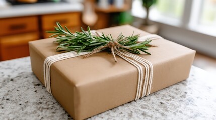 bundle of herbs in compostable wrapping made of cornstarch-based wrap, placed on natural kitchen counter, diffused eco-style lighting, kraft brown and ivory, close-up product photography, minimal