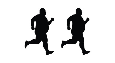 Two silhouettes of overweight men running together illustrating fitness and health journey isolated on white background