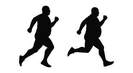 Two overweight men silhouettes running in dynamic motion capturing exercise and fitness journey isolated on white background