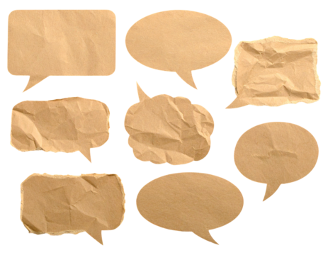 Set of torn brown paper speech bubbles isolated on transparent background for collage and creative design.