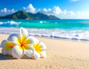 Fototapeta premium Yellow frangipani blossoms float gently on the tropical beach, a perfect image of summer beauty and natural serenity