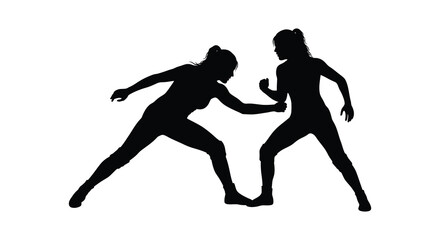 Dynamic silhouette of two women engaged in intense combat training or sports action isolated on white background