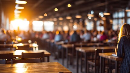 Warm Sunset Glow Inside Bustling Modern Restaurant Dining Space