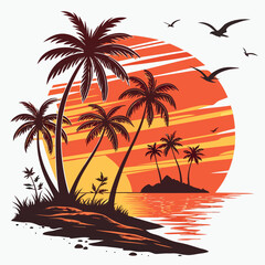 Vector art of tropical sunset with palm trees and birds flying over the ocean, vibrant colors, beach scene